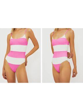 New Beach Riot Women's Size M Pink & White Striped Calista One-Piece Swimsuit